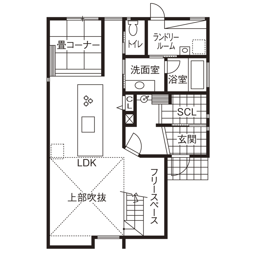 ゆめすみか（吉村一建設） 【4000万円台/兵庫県/間取り有】インダストリアルデザインと稲妻階段で男前風に、吹き抜け大空間の広がる家の間取り図（２LDK＋畳コーナー）1階