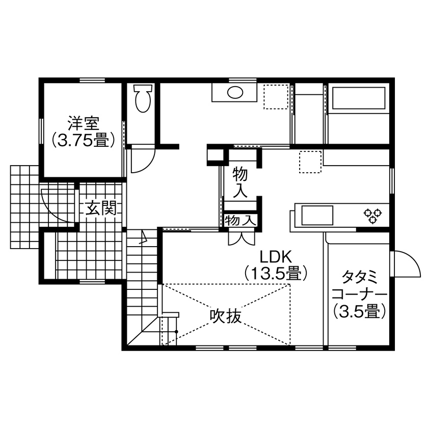 hygge/渡辺工務店 家族がいつまでも健やかに暮らせる、この家から始まるかけがえのない暮らしの間取り図（4LDK＋タタミコーナー）1階
