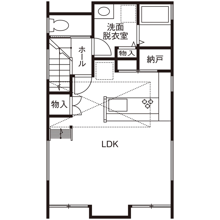 本間工務店 【松戸市/1000万円台/狭小地/2階リビング】敷地を無駄なく活用したビルトインガレージのある住まいの間取り図（1LDK＋ロフト）2階