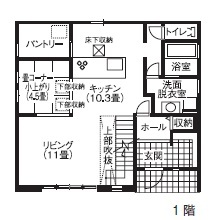 アイムの家　宮城 【本体1960万円・間取り有】技あり設計！緩やかに繋がるキッチン、リビング、小上がり和室の動線に注目しての間取り図（4LDK）１階