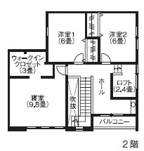 アイムの家　宮城 【本体1960万円・間取り有】技あり設計！緩やかに繋がるキッチン、リビング、小上がり和室の動線に注目しての間取り図（4LDK）２階