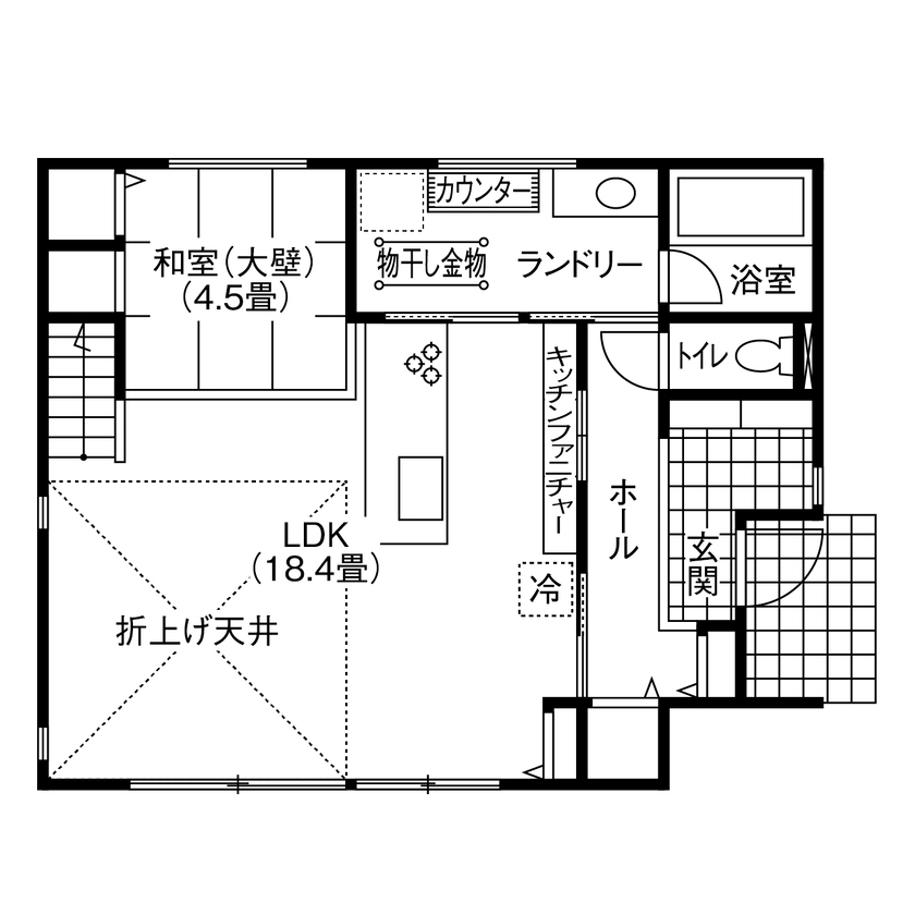 アイムの家　宮城 【2000～2500万円・間取り有】白と木目が調和する寛ぎの空間。日々の家事のしやすさにも配慮の間取り図（4LDK）１階