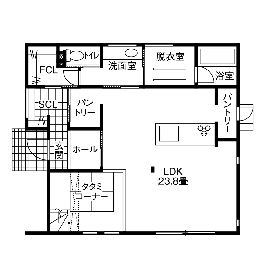 アイムの家　宮城 【2000～2500万円・間取り有】白が映える個性的なフォルム。水まわりの動線に配慮した居心地のよい家の間取り図（3LDK）１階
