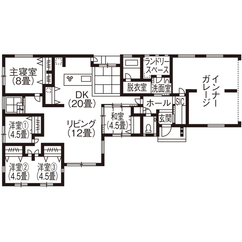 鬼丸ホーム 車を停めるだけが目的じゃない、遊び心のあるビルトインガレージがある暮らしの間取り図（4LDK）1階