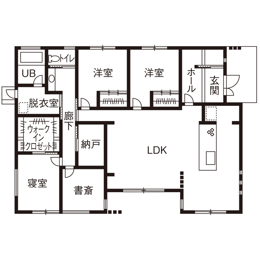 鬼丸ホーム 【平屋×ホテルライクなインテリア×29.3帖のLDK】家族の暮らしを大きく変える、憧れの平屋の間取り図（3LDK＋書斎＋納戸）1階