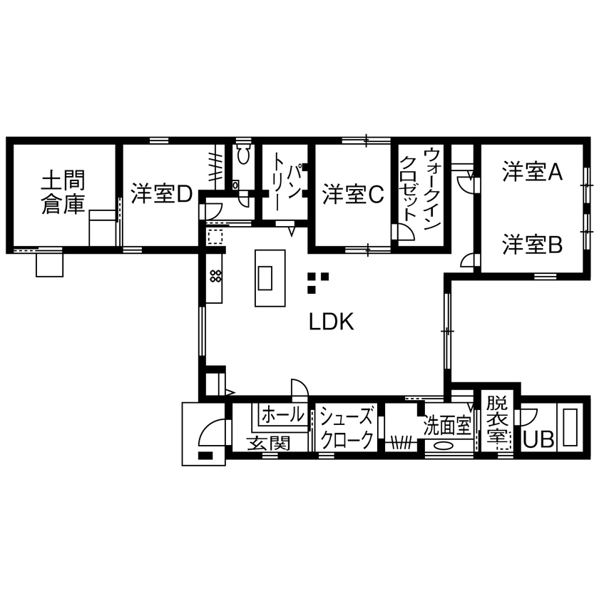 鬼丸ホーム 　【平屋×アイランドキッチン】子どもたちがスクスク、ノビノビ育つ家の間取り図（4LDK＋土間倉庫）1階
