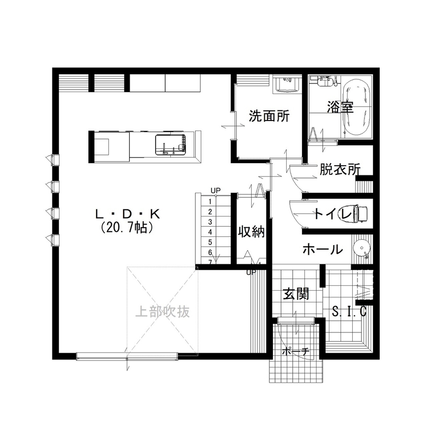 オールハウジング 陽光差し込む明るい箱　リビングにヌックとスキップフロアのある住まいの間取り図（3LDK）1階