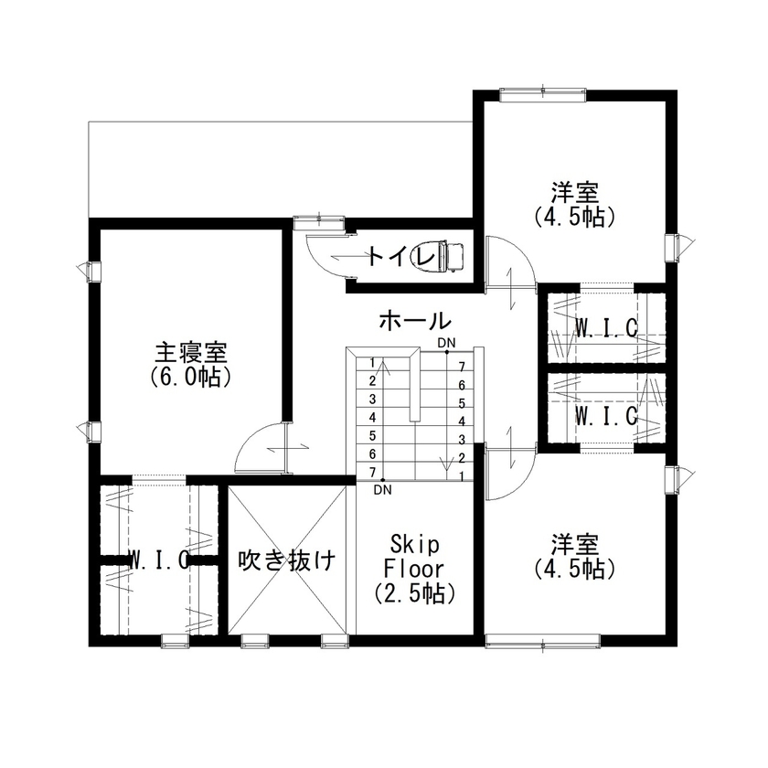 オールハウジング 陽光差し込む明るい箱　リビングにヌックとスキップフロアのある住まいの間取り図（3LDK）2階