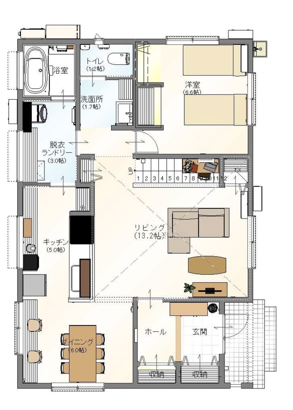 アサヒ開発 【滋賀県｜平屋風｜間取り図あり】無垢の木の床や塗り壁、木組みの天井の、木に癒される山小屋のような家の間取り図（2LDK）１階