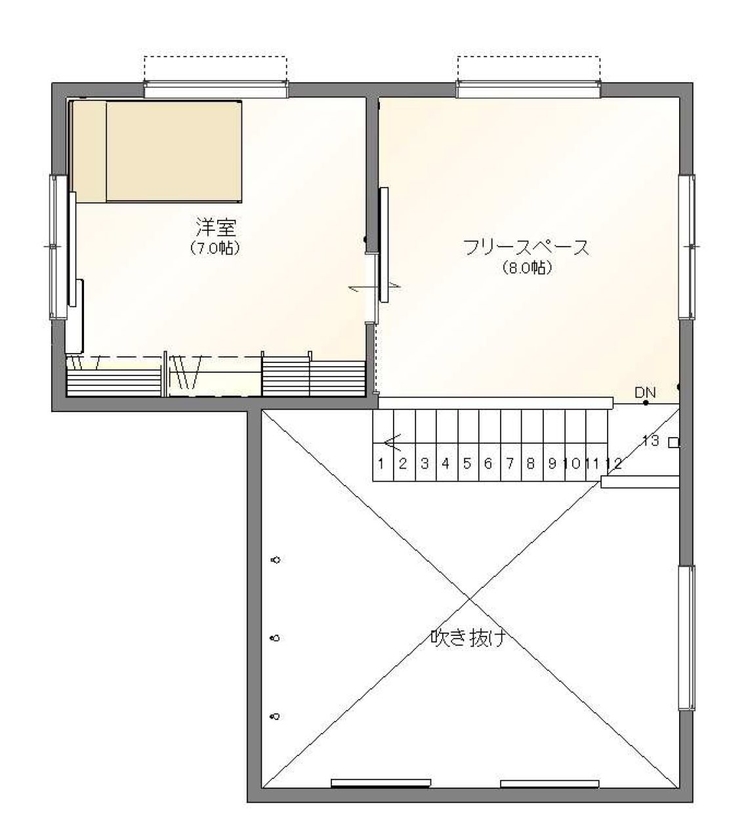 アサヒ開発 【滋賀県｜平屋風｜間取り図あり】無垢の木の床や塗り壁、木組みの天井の、木に癒される山小屋のような家の間取り図（2LDK）２階