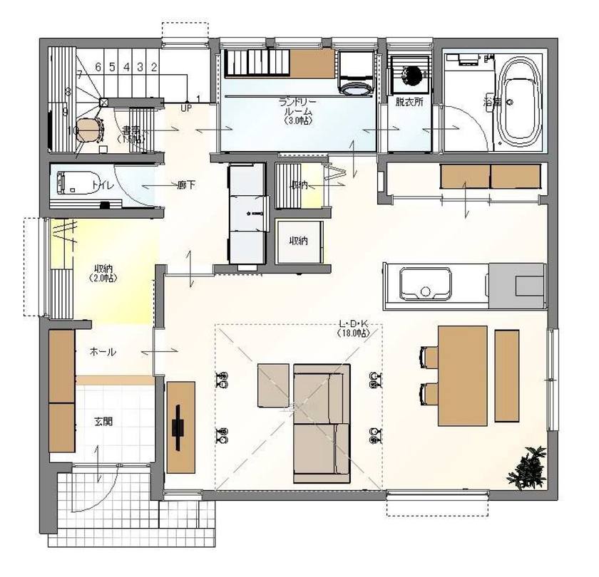 アサヒ開発 【草津市｜子育て｜間取り図あり】窓の位置やドアの高さを徹底吟味。視線が抜ける、開放的な家の間取り図（4LDK）１階