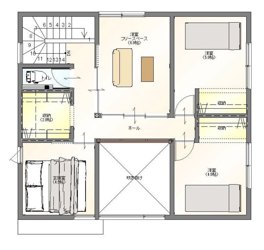 アサヒ開発 【草津市｜子育て｜間取り図あり】窓の位置やドアの高さを徹底吟味。視線が抜ける、開放的な家の間取り図（4LDK）２階