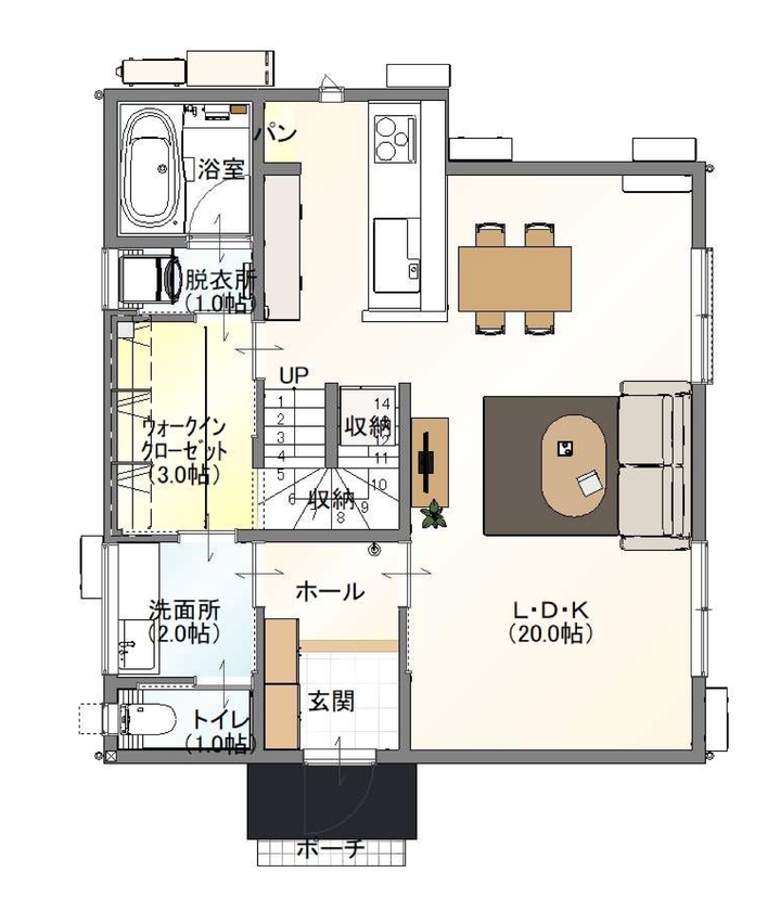 アサヒ開発 【草津市｜子育て｜間取り図あり】回遊動線でぐるぐるつながる、暮らしやすく、楽しい間取りの間取り図（4LDK＋書斎＋WIC）１階