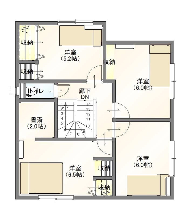 アサヒ開発 【草津市｜子育て｜間取り図あり】回遊動線でぐるぐるつながる、暮らしやすく、楽しい間取りの間取り図（4LDK＋書斎＋WIC）２階