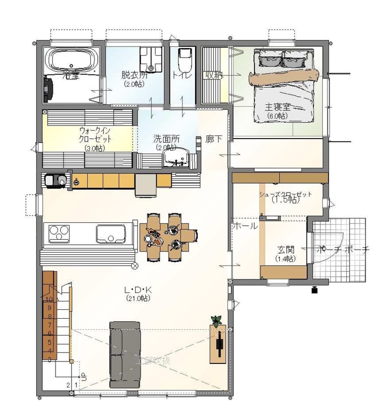 アサヒ開発 【滋賀県栗東市｜平屋風｜間取り図あり】自然素材たっぷり！のびのびと子育てができる、開放的な住まいの間取り図（３LDK＋S）１階