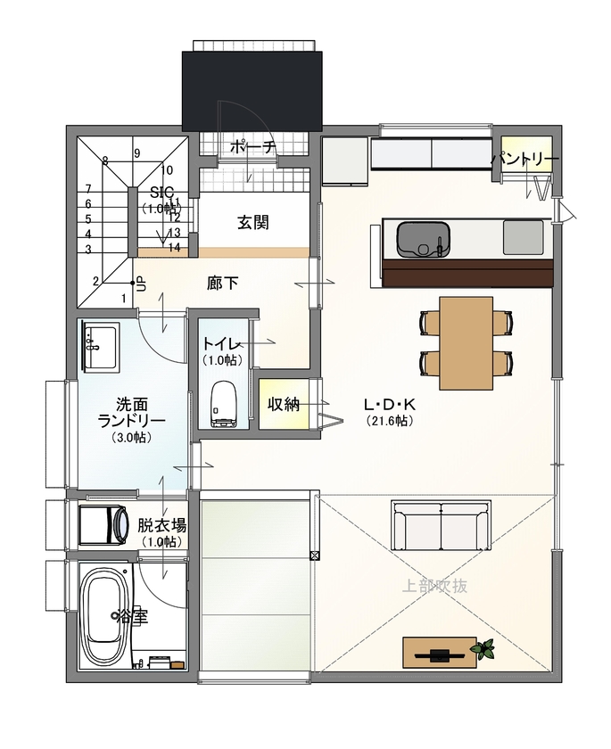 アサヒ開発 【草津市｜子育て｜間取り図あり】初めての家づくりをわかりやすくサポート。性能も使用する素材も大満足の間取り図（3LDK＋畳スペース）１階