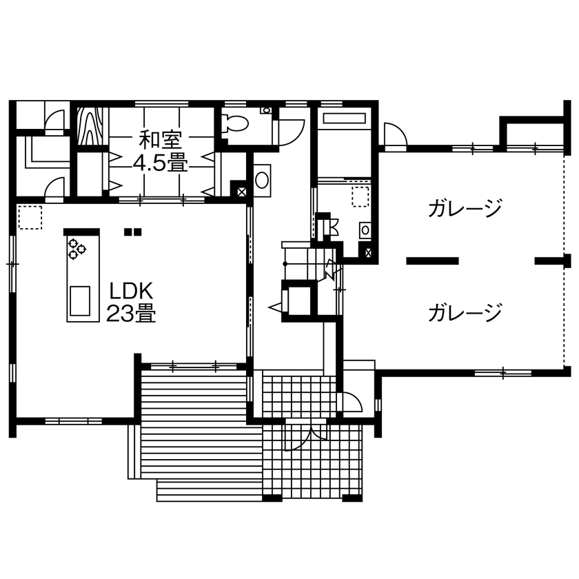 ササキハウス 【天童市/二世帯同居/間取図有/５K以上/6人家族】 「Stylish Modern」ビルトインガレージのある二世帯住宅の間取り図（5K以上）1階