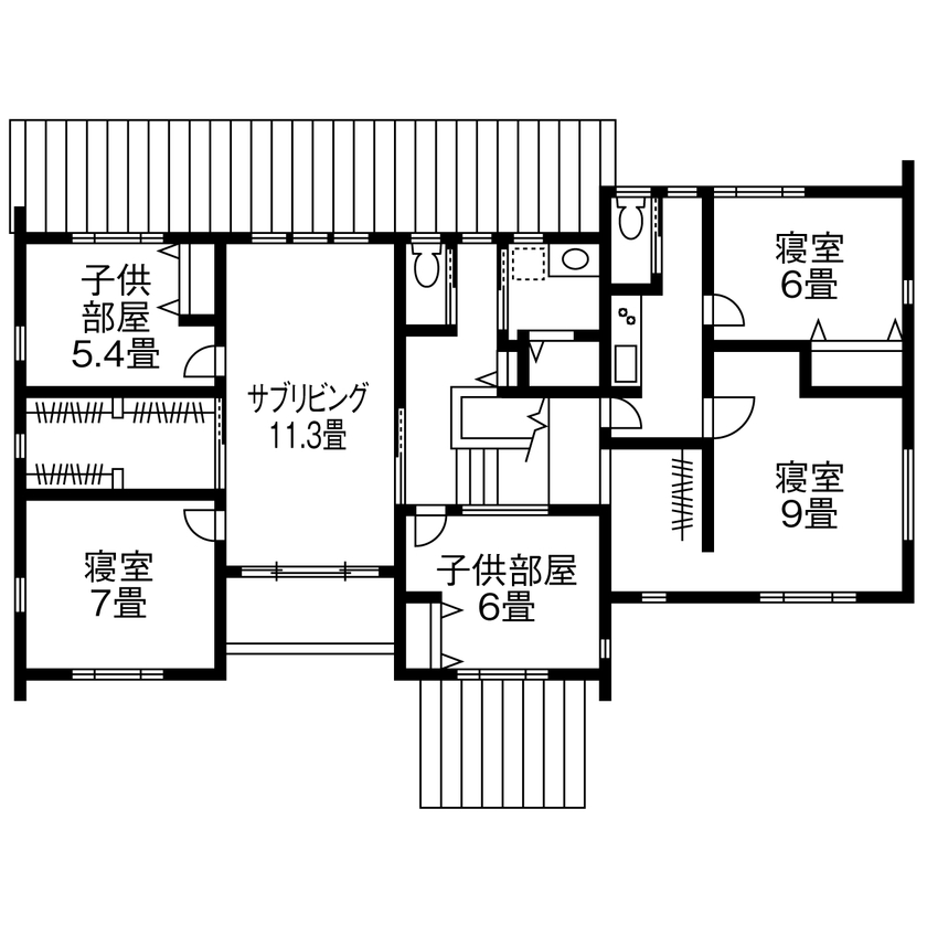 ササキハウス 【天童市/二世帯同居/間取図有/５K以上/6人家族】 「Stylish Modern」ビルトインガレージのある二世帯住宅の間取り図（5K以上）2階
