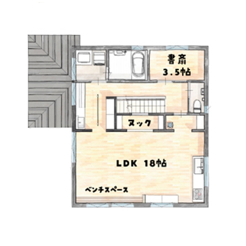 ササキハウス 【山形市/4LDK/38坪/2階リビング】和と洋が美しく調和した「japandi」の間取り図（4LDK）2階