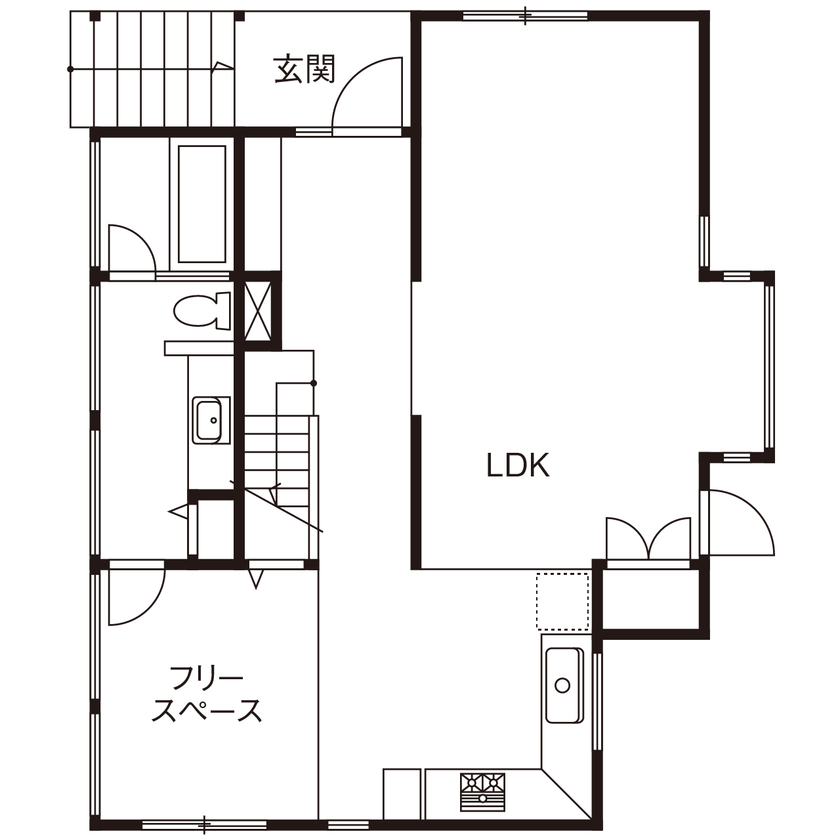 ナカミチホーム 【3000万円台/兵庫県/間取り図有/40坪台】L字キッチンで家事ラク仕様。アメリカンアイクラーホームの家の間取り図（4LDK）１階