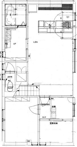 大元工務店 <北広島市/無垢材/造作キッチン>ひとつひとつ自分たちで紡いだ、年数が経つほど味わい増す家の間取り図（4LDK）1階