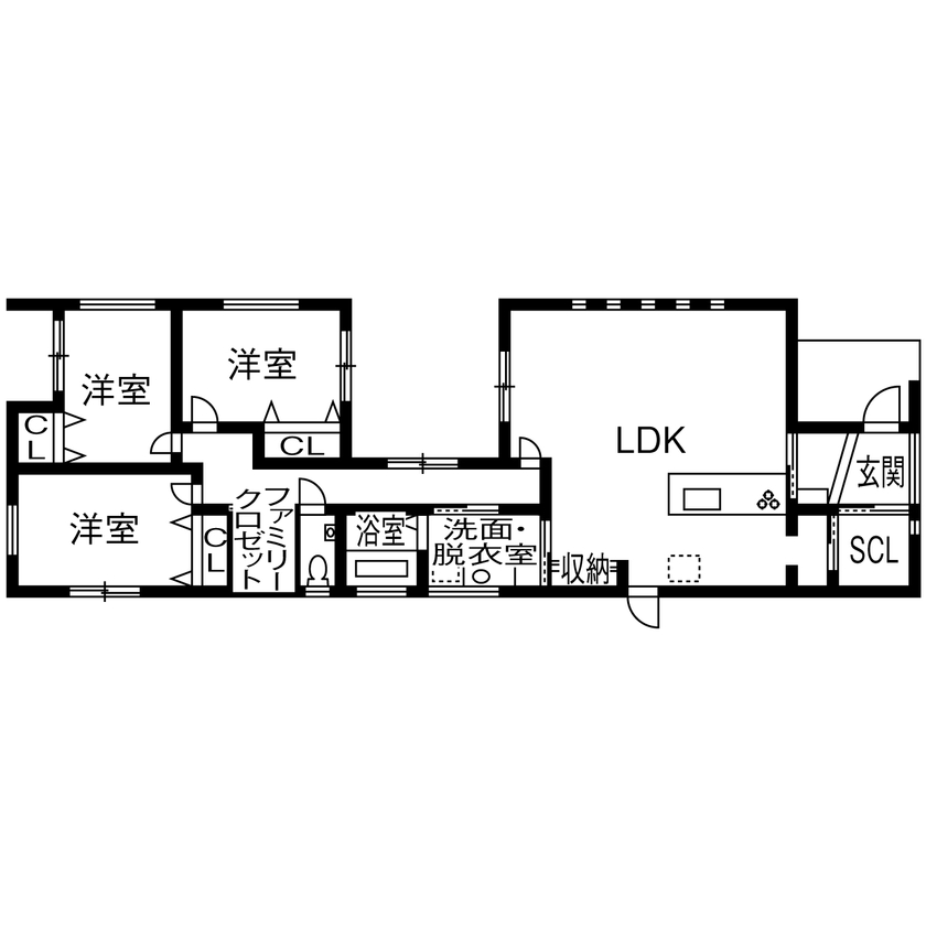 H.B.HOMES（エイチビーホームズ） 【大阪府／約31坪／平屋】暮らしやすさを追求しつつも、「いつも家族と一緒に」を実現した平屋の住まいの間取り図（3LDK）1階