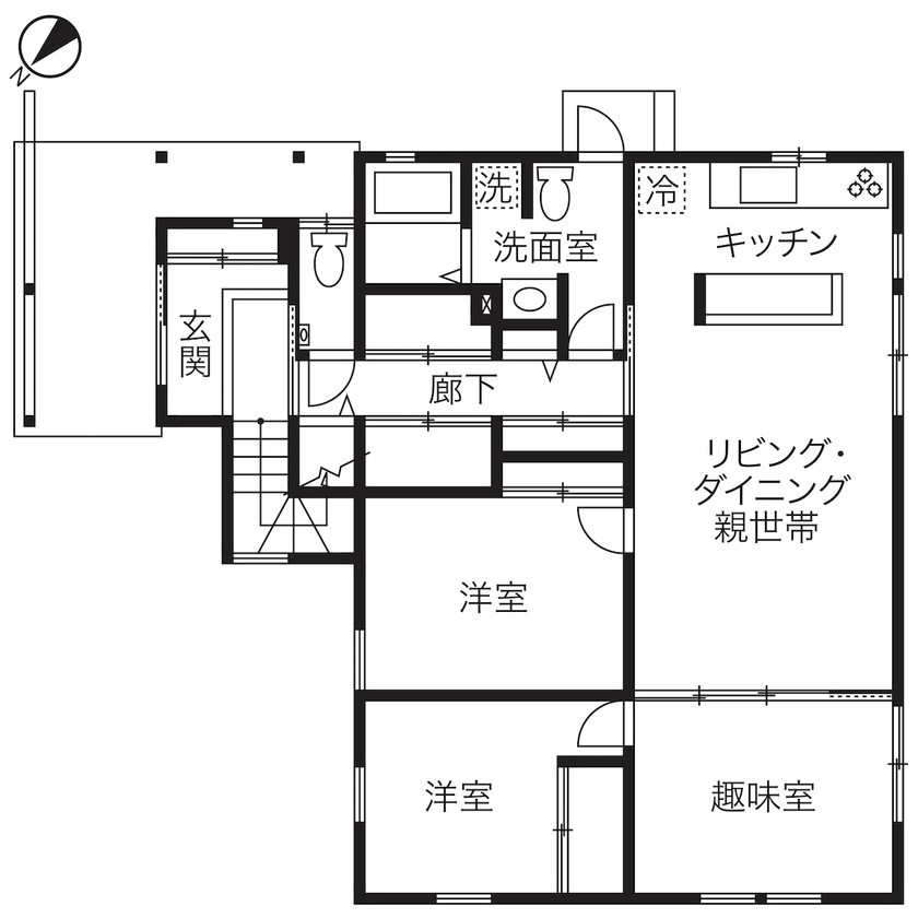 スタジオCoCo-Li 一級建築士事務所 【4000万円台/40坪台/間取り/バルコニー】秘密基地のような小屋裏、家庭菜園とみんなが楽しめる二世帯住宅の間取り図（3LDK+2LDK）1階