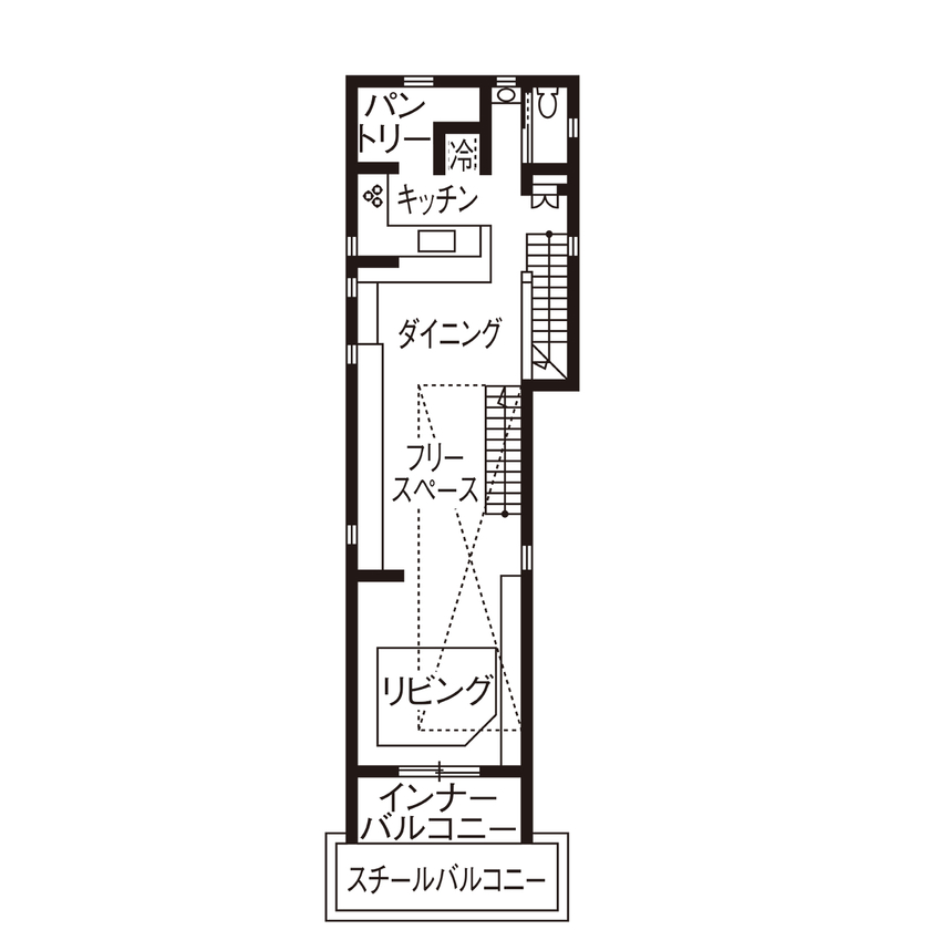 ATELIER YI:HAUS (アトリエイハウズ ） 【2000万円台/京都市内/細長敷地/3階建て/吹き抜け】日当たりのいいリビングや長いデスク。集いを楽しむ家の間取り図（2LDK）2階
