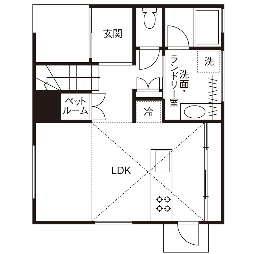 ATELIER YI:HAUS (アトリエイハウズ ） 【狭小地・京都市内・コンパクトハウス】窓なしの外観から開放的なLDKへ。素材を生かしたジャパンディな家の間取り図（2LDK）1階