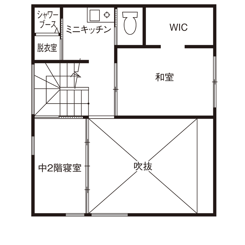 ATELIER YI:HAUS (アトリエイハウズ ） 【狭小地・京都市内・コンパクトハウス】窓なしの外観から開放的なLDKへ。素材を生かしたジャパンディな家の間取り図（2LDK）2階
