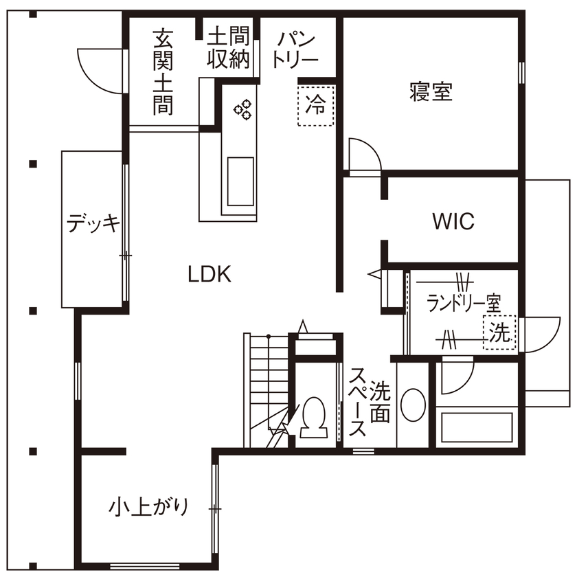 ATELIER YI:HAUS (アトリエイハウズ ） 【平屋風・吹き抜け・家事ラク】自然素材の空間に光がたっぷり。造作で好きなデザインも使い勝手も叶えたの間取り図（3LDK）1階