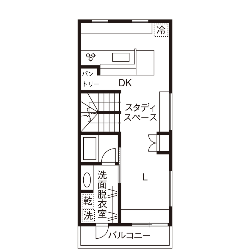 ATELIER YI:HAUS (アトリエイハウズ ） 【狭小地／3階建て／2階LDK】難条件を見事に克服。「好き」を詰め込み、家事ラクや楽しい子育ても叶えたの間取り図（3LDK+仕事場）2階