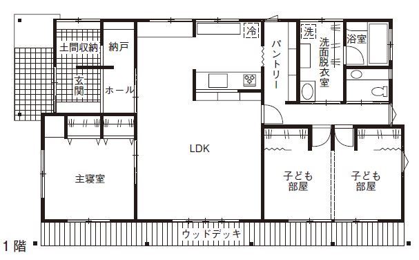 フジコーポレーション 【間取り図あり/3LDK】全居室がウッドデッキにつながる自然素材の平屋の間取り図（3LDK）1階