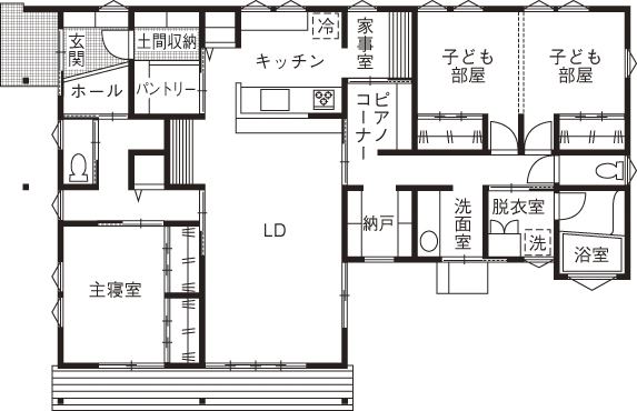 フジコーポレーション 【2LDK間取り図あり/ウッドデッキ】センスの高い設計で「個」を描く。風光と木の調和で魅せる癒しの家の間取り図（2LDK）1階