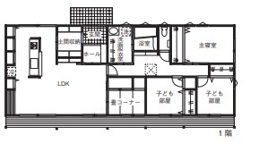 フジコーポレーション 木と光が紡ぐ、心地よい時間。寛ぎの時間を愉しむ平屋の家の間取り図（3LDK＋RF＋SC）1階