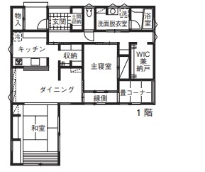 フジコーポレーション 木視率で描いた「和」の美しさ。愛犬と共に寛ぎを愉しむ平屋の間取り図（２LDK＋WIC）1階
