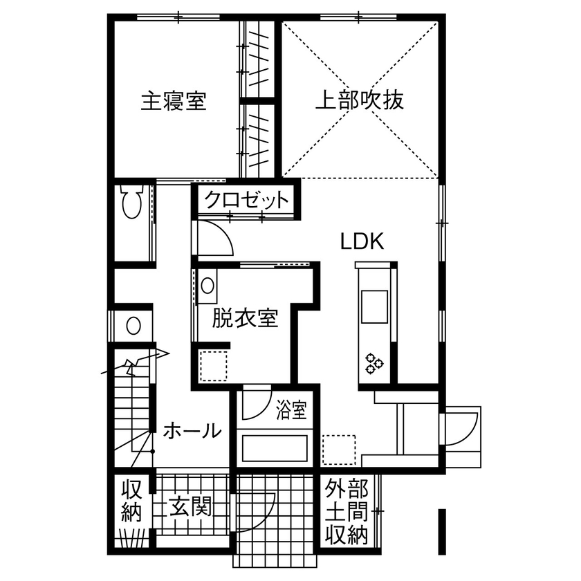 フジコーポレーション 【間取り図有／ウッドデッキ】この美しさ、計算通り。天井の高低差が生み出す光の大空間の間取り図（3LDK＋書斎）1階