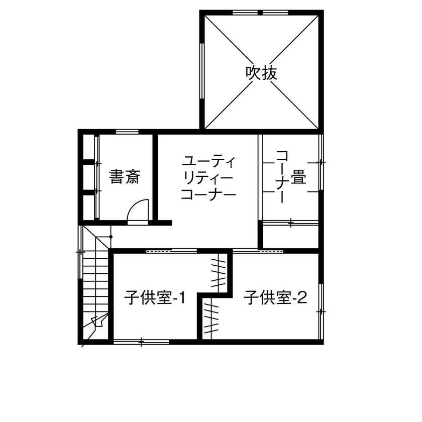 フジコーポレーション 【間取り図有／ウッドデッキ】この美しさ、計算通り。天井の高低差が生み出す光の大空間の間取り図（3LDK＋書斎）2階