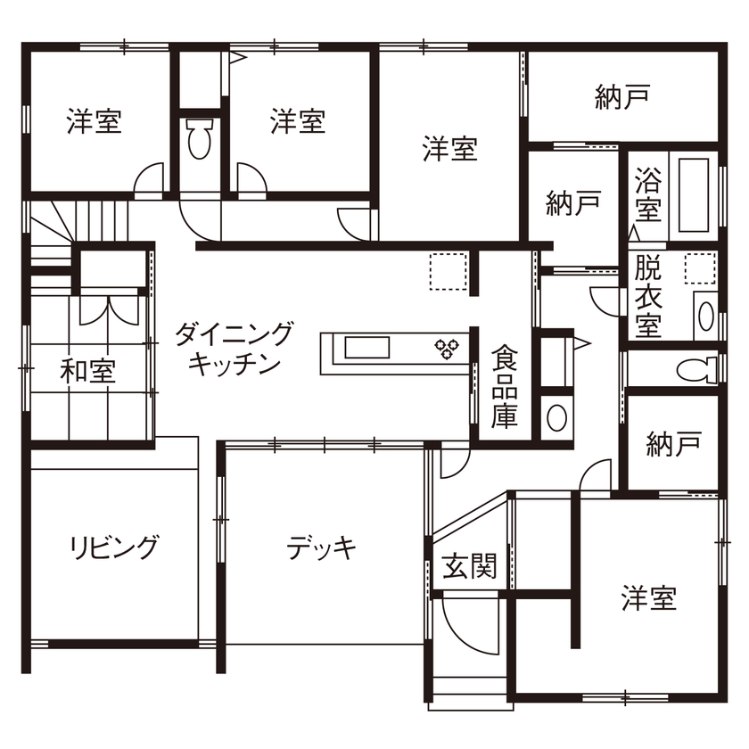 Lib Work 【2000万円台前半／平屋/38.5坪/熊本/子ども2人】３世代・６人家族の楽しい暮らしの間取り図（5LDK）1階