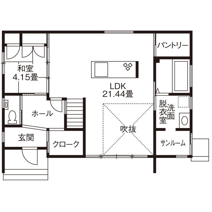 Lib Work 【2000万円台前半／ウッドデッキ/36坪】風が心地よい季節には、窓を開け放ってデッキでBBQのできる家の間取り図（3LDK）1階