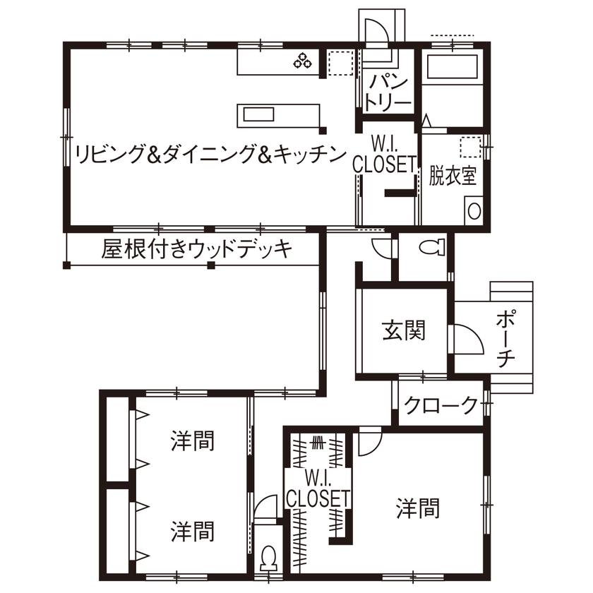 Lib Work 【2000万円台/平屋/ウッドデッキ】 開放的なリビング、使い勝手のよい玄関など、希望を最大限に叶えた家の間取り図（2LDK）1階