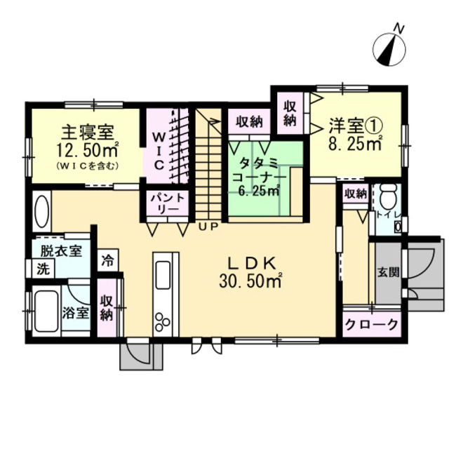 Lib Work 【2000万円台前半／北欧風平屋/自然素材/２LDK/間取り図あり】収納充実で、家の中はいつもスッキリの間取り図（2LDK＋屋根裏収納）1階