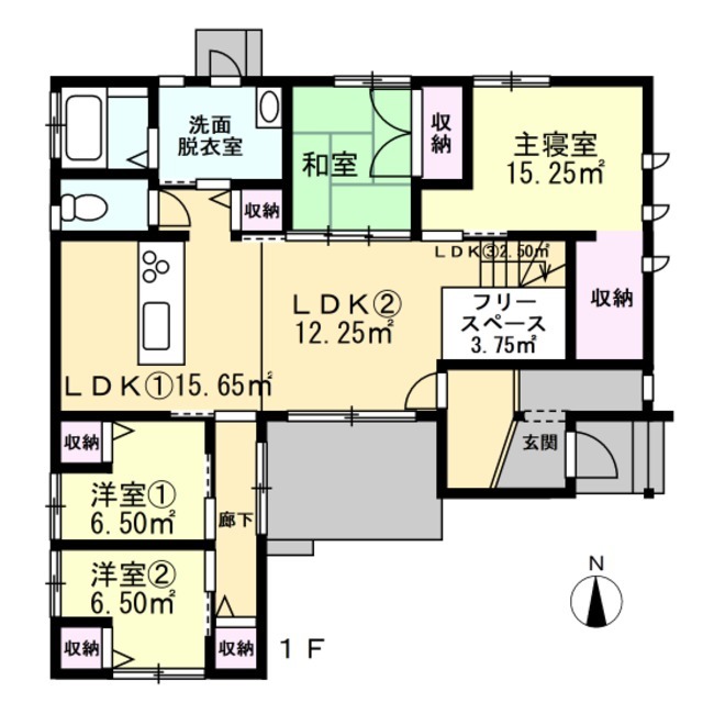 Lib Work 【2700万円台／平屋/子ども2人】勾配天井を活かした開放感たっぷりなLDK。友人を招きたくなる自慢の平屋の間取り図（4LDK+中2階）1階