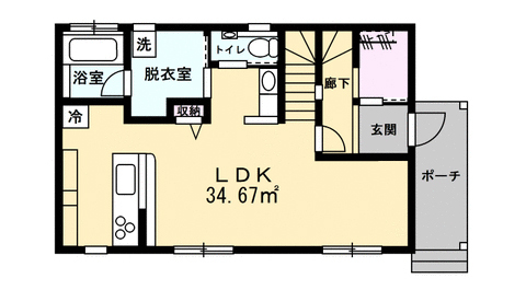 Lib Work 【2000万円台後半/カリフォルニアスタイル/子ども2人/熊本】極力壁をなくした開放感あるリビングのある家の間取り図（3LDK）1階