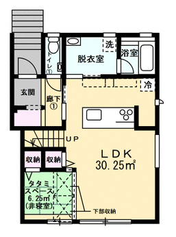Lib Work 【2000万円台後半/子ども２人】黒で統一したこだわりのキッチンが映える、シンプルモダンな家の間取り図（2LDK）1階