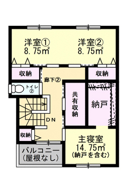 Lib Work 【2000万円台後半/子ども２人】黒で統一したこだわりのキッチンが映える、シンプルモダンな家の間取り図（2LDK）2階