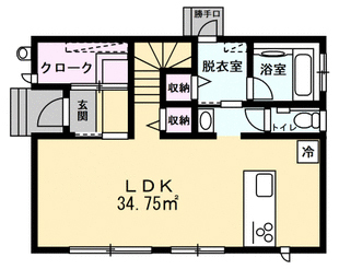 Lib Work 【2000～2499万円／2LDK】スキップフロアで空間を上手く活用。開放感たっぷりで、友人を招きたくなる家の間取り図（2LDK）1階