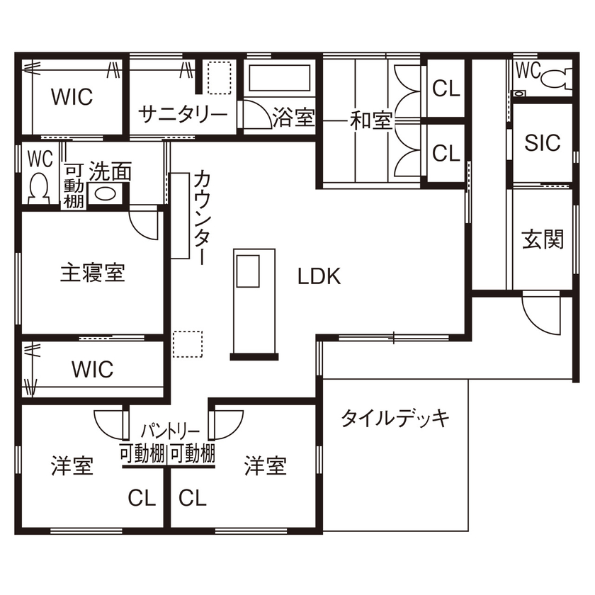 Lib Work 【平屋・3LDK・間取り図・パントリー】効率的な動線を追求し、毎日の暮らしやすさと細部まで「好き」を実現の間取り図（3LDK）1階