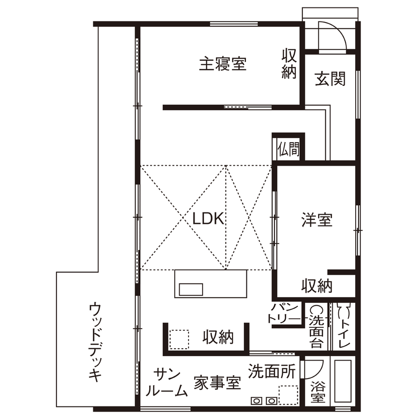 Lib Work 【無印良品の家／平屋／家事室】長い目で暮らしを見据えた平屋。バリアフリーへの変化も配慮した工夫を実現の間取り図（2LDK）1階