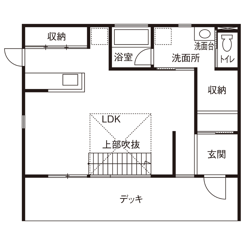 Lib Work 【無印良品の家／吹抜け】大きな窓から光と風が通る、一つの大空間。ライフスタイルに合わせて変えられる家の間取り図（2LDK）1階